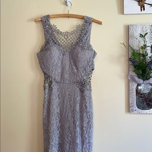 Grey Lace Prom Dress with Slit